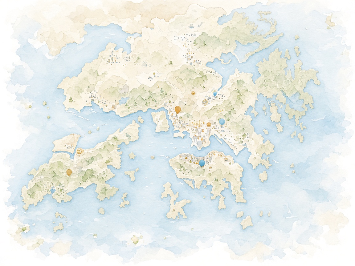 Illustrated map of Hong Kong: New Territories, Kowloon, Hong Kong Island and Lantau